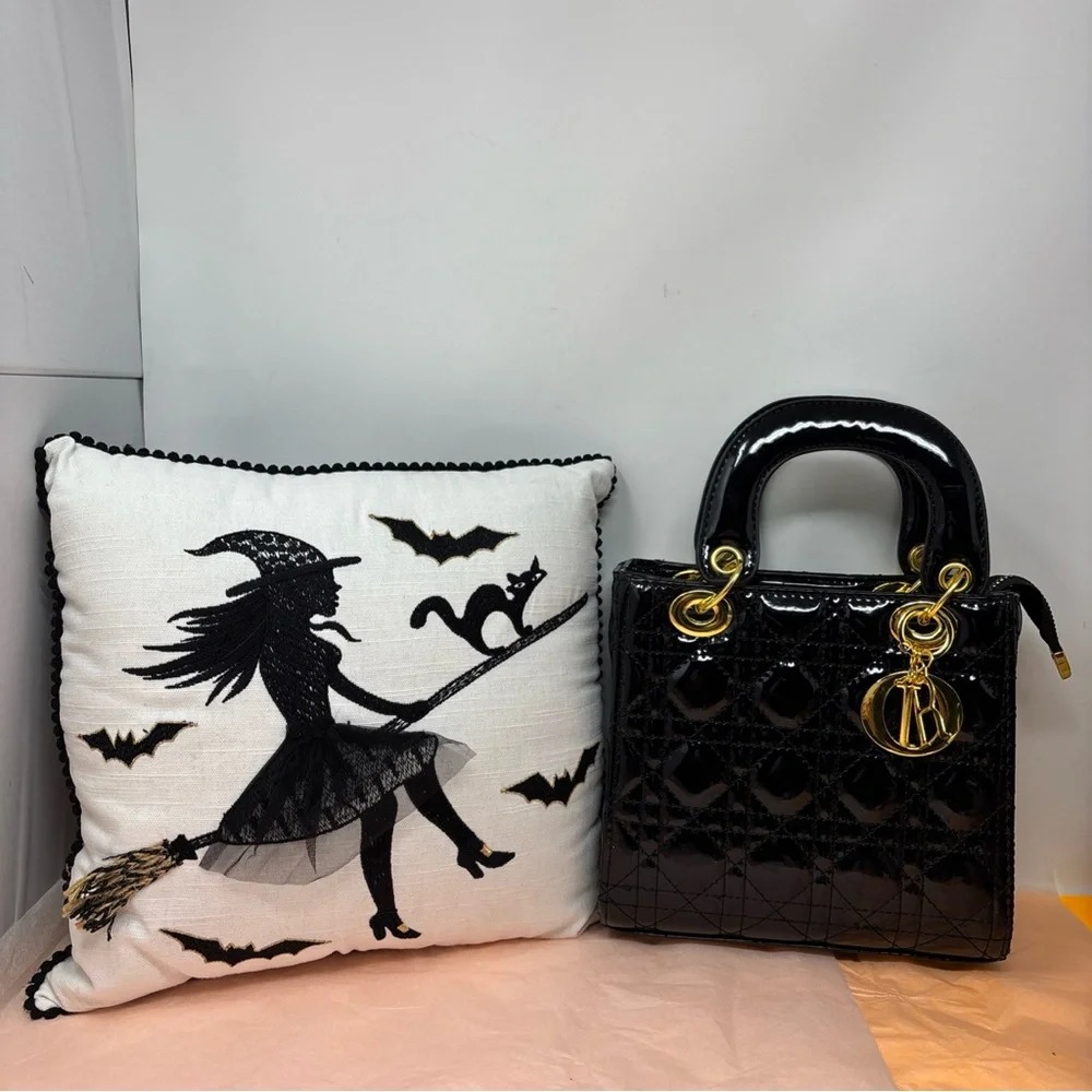 Witch on broom throw pillow & FREE black shiny purse used - Picture 1 of 13